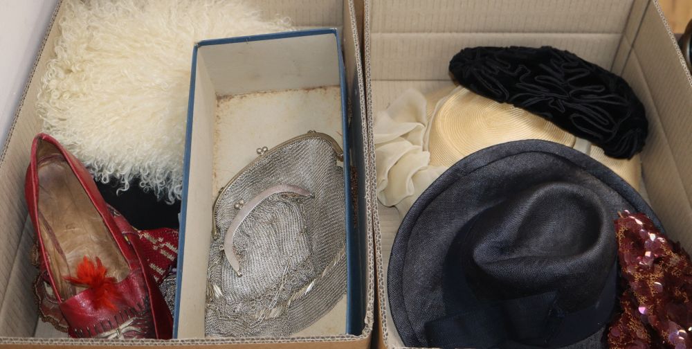 A pair of 19th century leather shoes, a fur muff, four hats, two chain mail evening bags, assorted bags and mittens, etc.